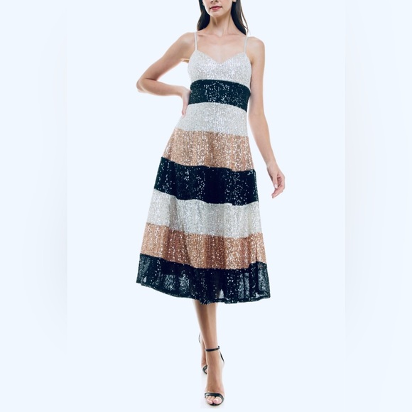 NWT. Maison Tara Color Blocked Sequin Midi Dress. Size 4. - Picture 2 of 10